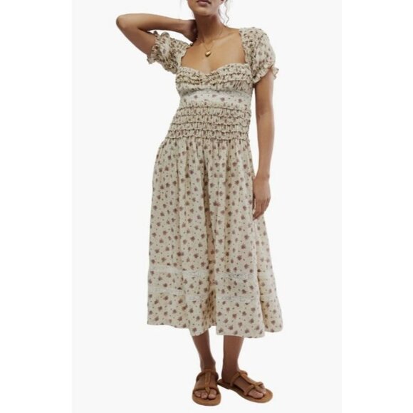 Free People Bali Juniper Smocked Floral Midi Dress Puff Sleeves Neutral Women 10 - Picture 2 of 16